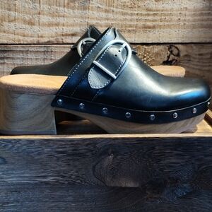 Clarks Black Leather Mules with Silver Buckle